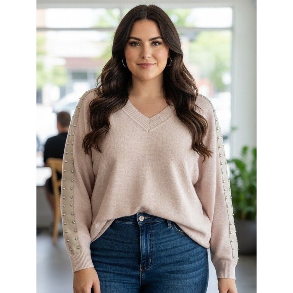 Giani Milano Plus Size Blush V-Neck Sweater With Silver Studded Accents Size 1X